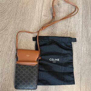 Authentic  Celine Triomphe Canvas Lambskin Phone Pouch With Flap